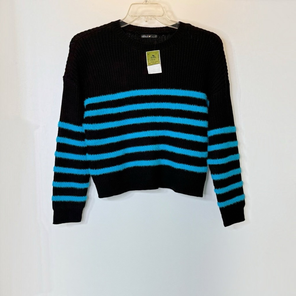 Nikkak Black and Bright Blue Striped Crewneck Short Sweater Juniors XS